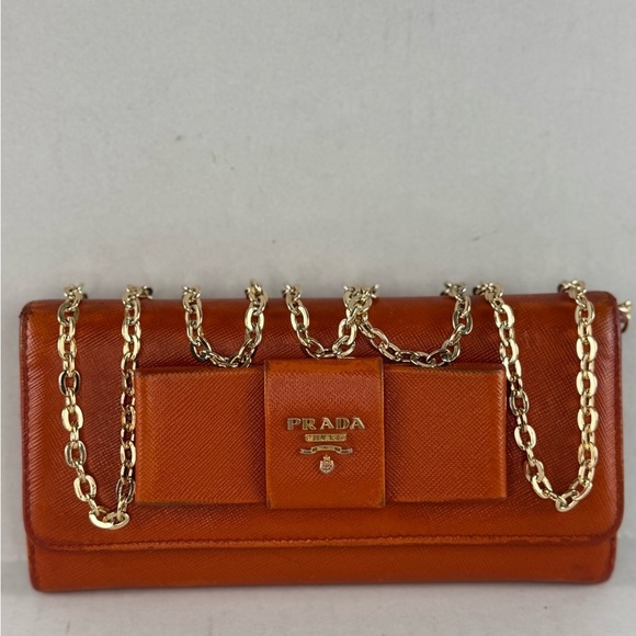 Prada Orange Saffiano Leather Bow Wallet